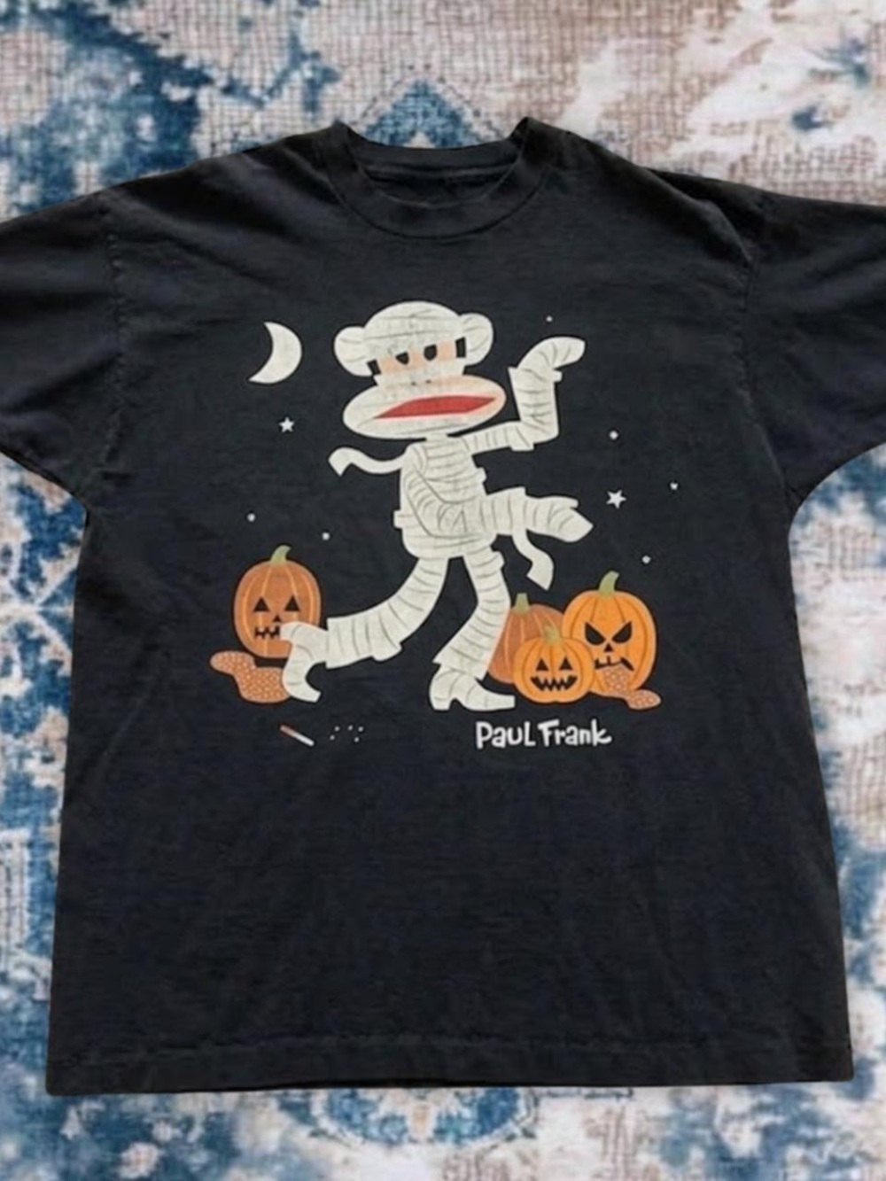 Gildan Black Paul Frank Mummy Sock Monkey Halloween Tee with Orange Pumpkins